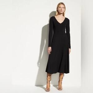 Vince Mixed Media V-Neck Dress Fit & Flare Knit Black Pullover Side Sleeve Sz XS